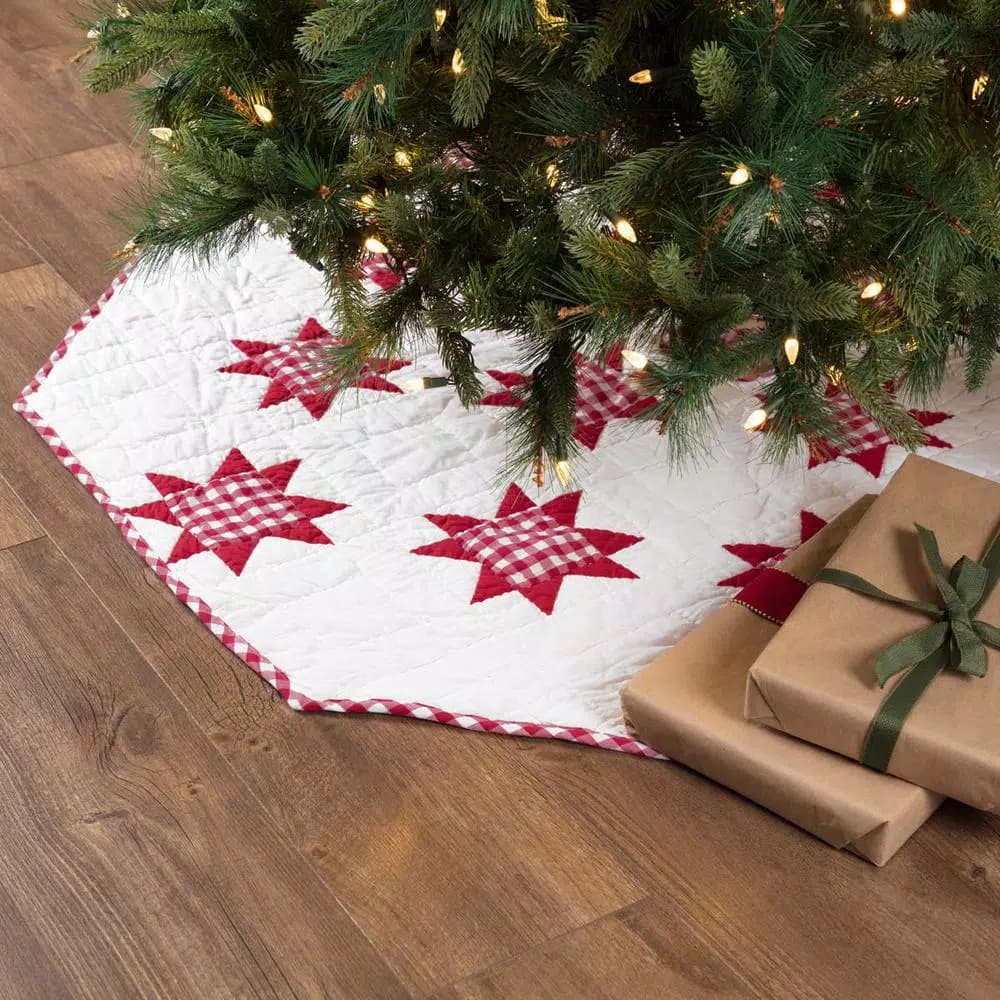 VHC Brands Emmie 60 in. Red Patchwork Christmas Tree Skirt - Hand-Quilted Cotton Farmhouse Decor