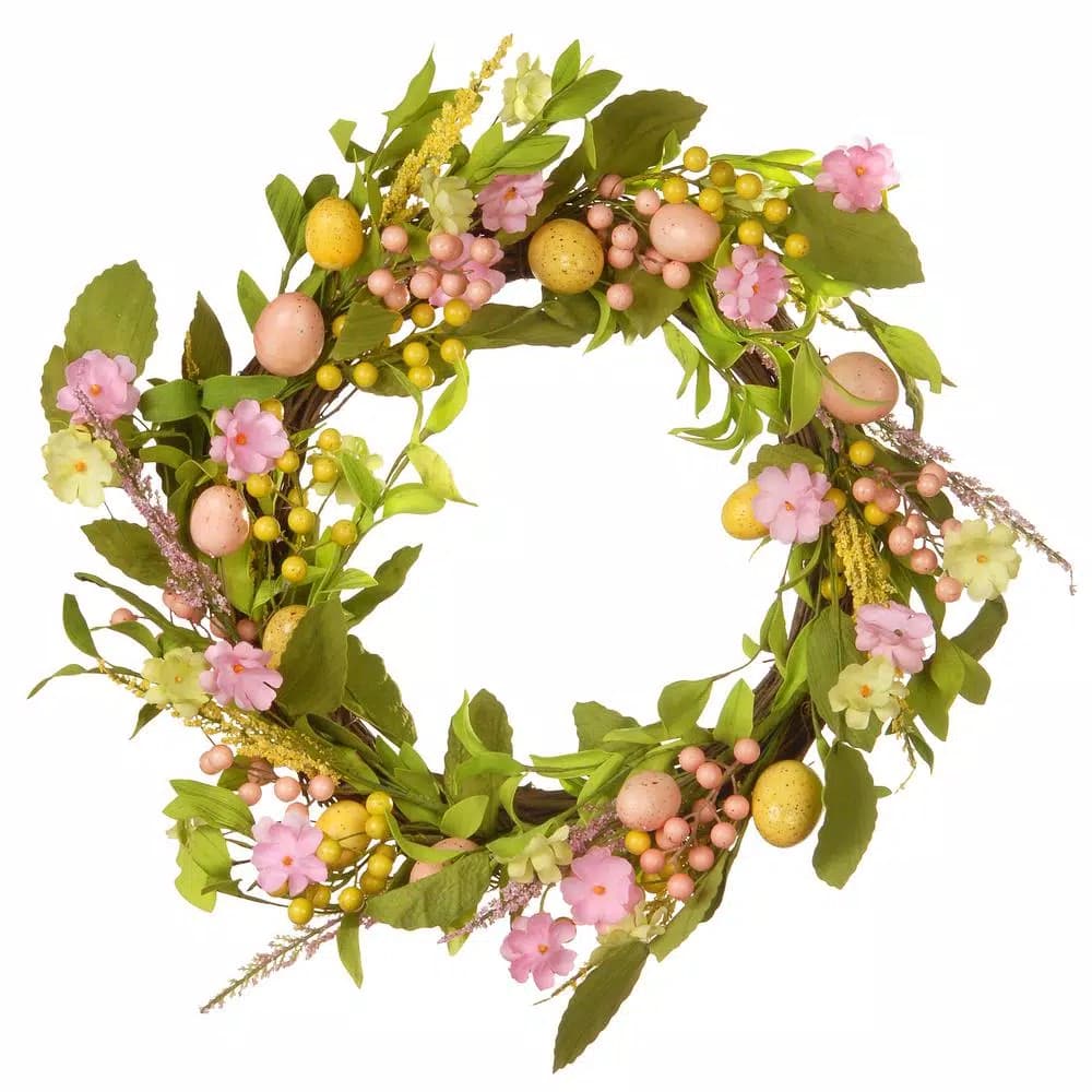 National Tree Company 22 in. Decorated Easter Wreath with Colorful Flowers and Pastel Eggs