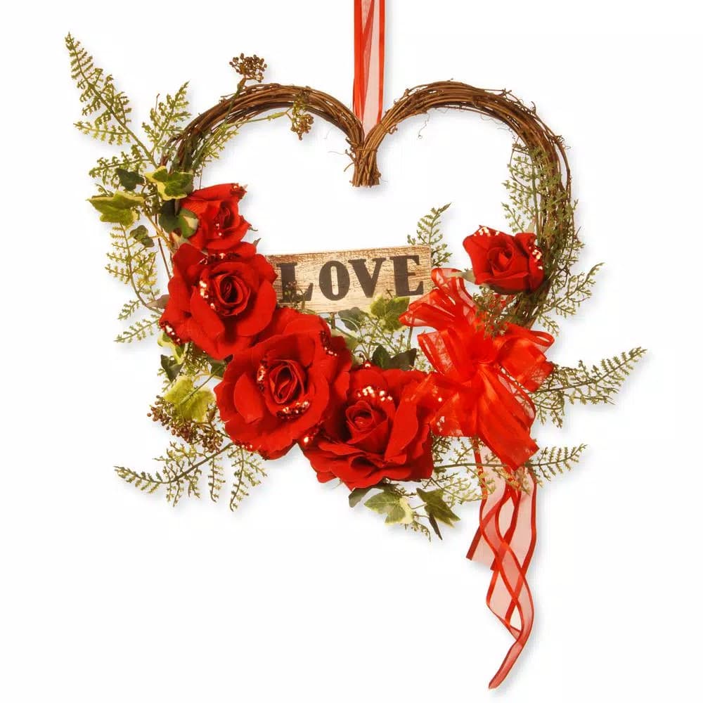 National Tree Company 12 in. Red Rose Heart Wreath with Sequined Blooms and Lace Ribbon