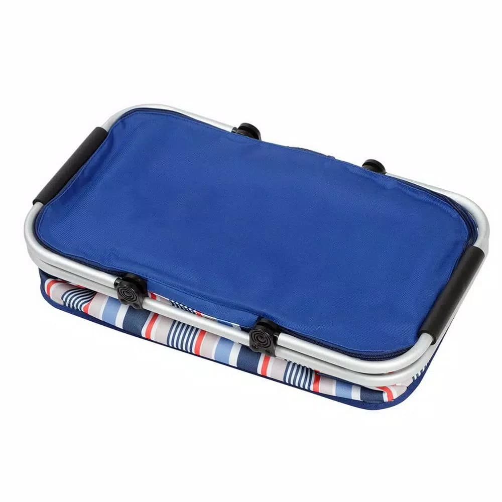 Unbranded Foldable Thermal Insulation Picnic Basket, 600D Oxford Cloth Soft-Side Cooler with Aluminum Frame, Blue Strips