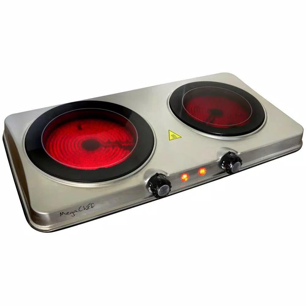 MegaChef 2-Burner Infrared Electric Hot Plate Cooktop, 1700W, Sleek Steel
