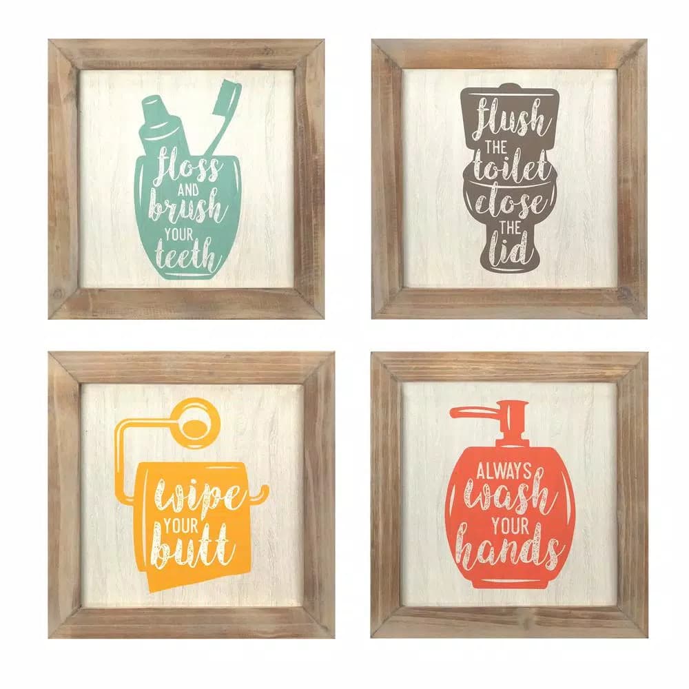 Stratton Home Decor Floss Flush Wipe Wash Bathroom Rules Wall Art Set, 4-Piece Wood Sign Collage