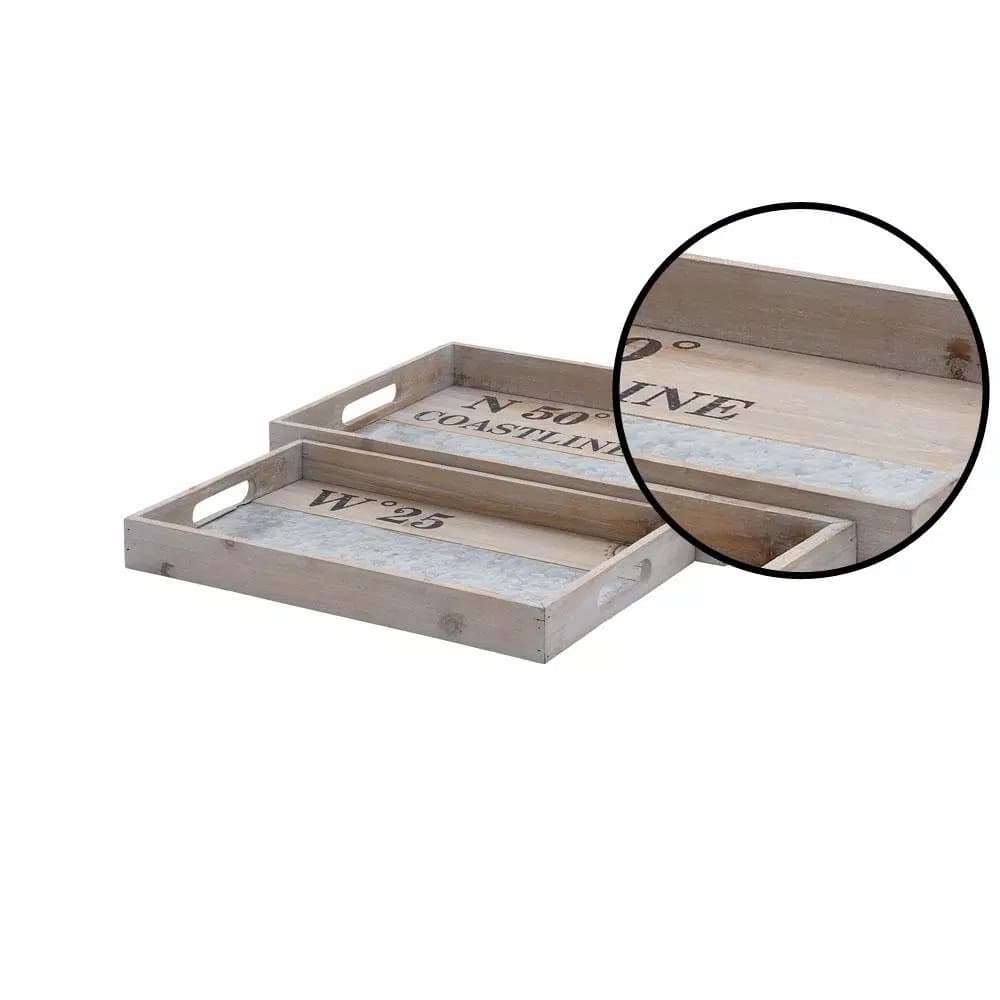 LITTON LANE Coastal Living Rustic Wood & Galvanized Metal Decorative Serving Trays, Set of 2