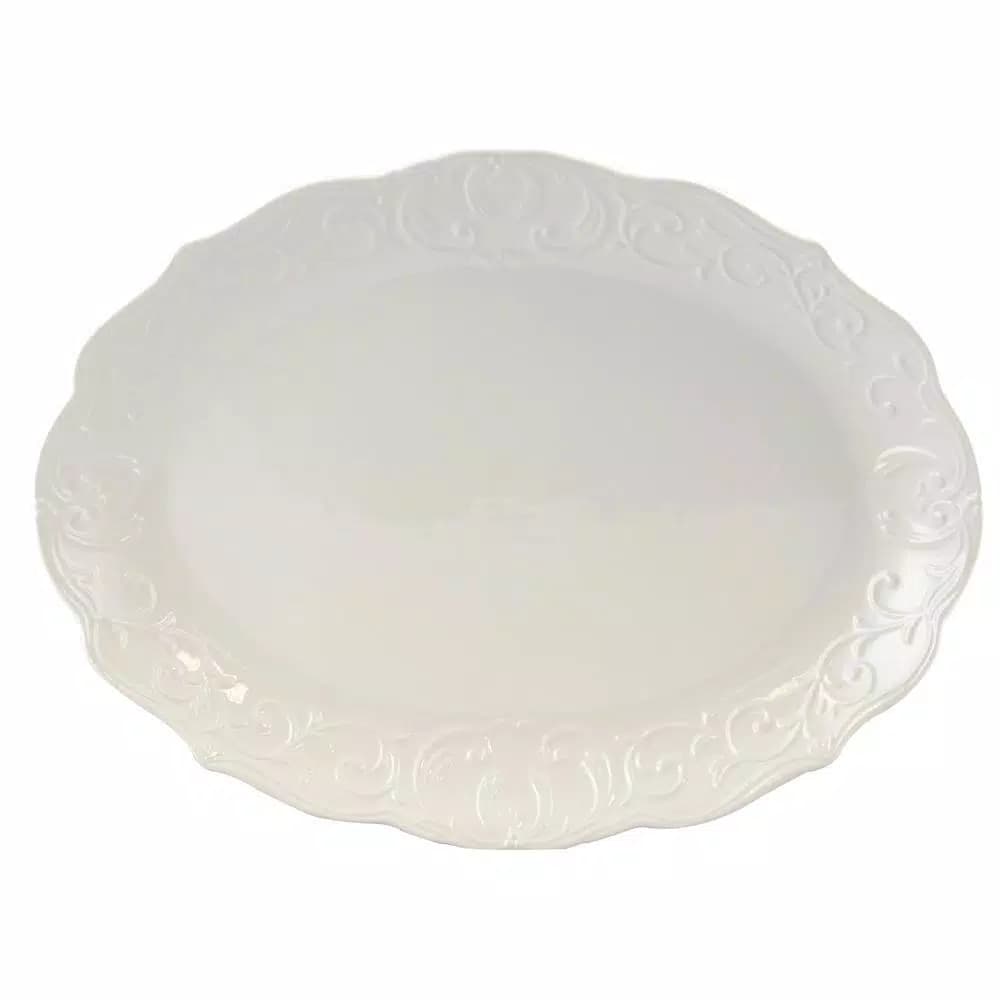Gibson Home Royal Abbey White Durastone Oval Embossed Ceramic Serving Platter