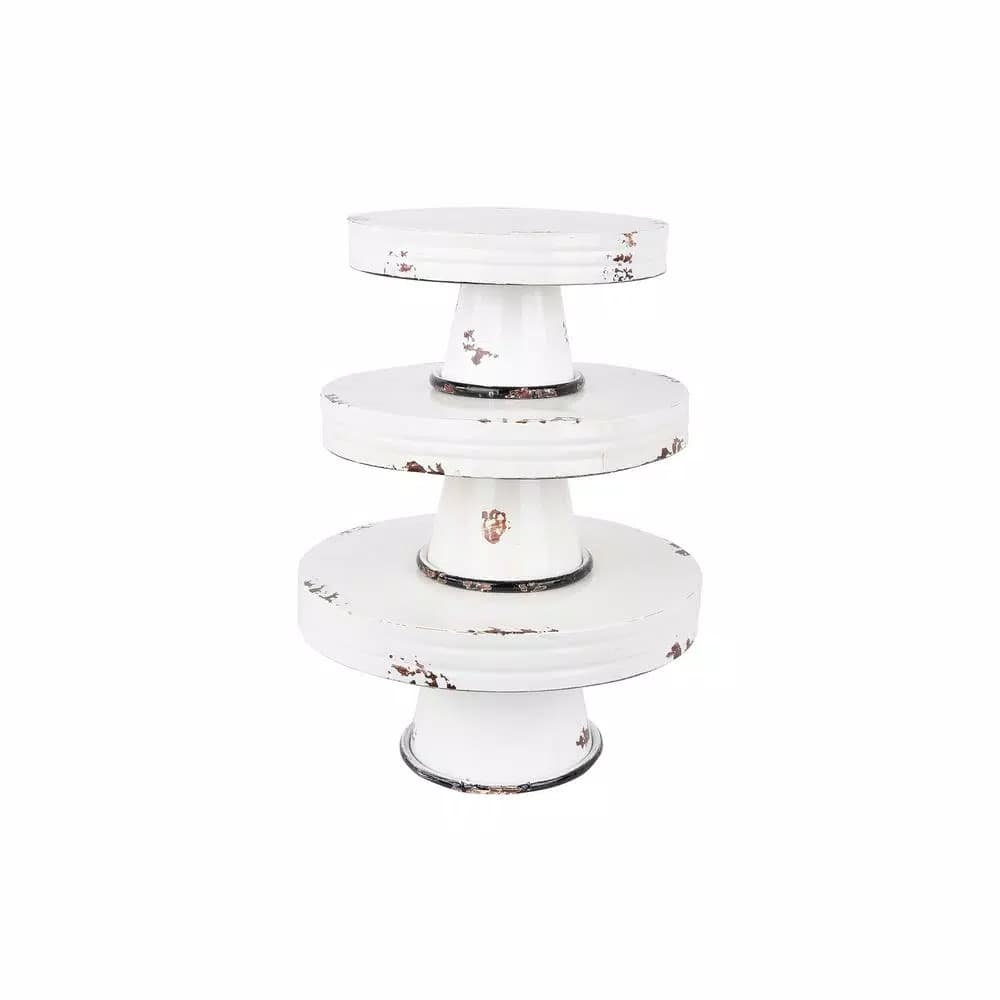 3R Studios Distressed White Metal Cake Stand Set of 3 - Country Cottage Style Pedestals