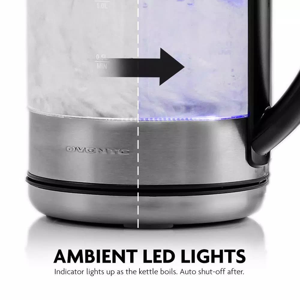 Ovente KG612S 1.7L Glass Electric Kettle, 1500W Silver Stainless Steel with Blue LED Light