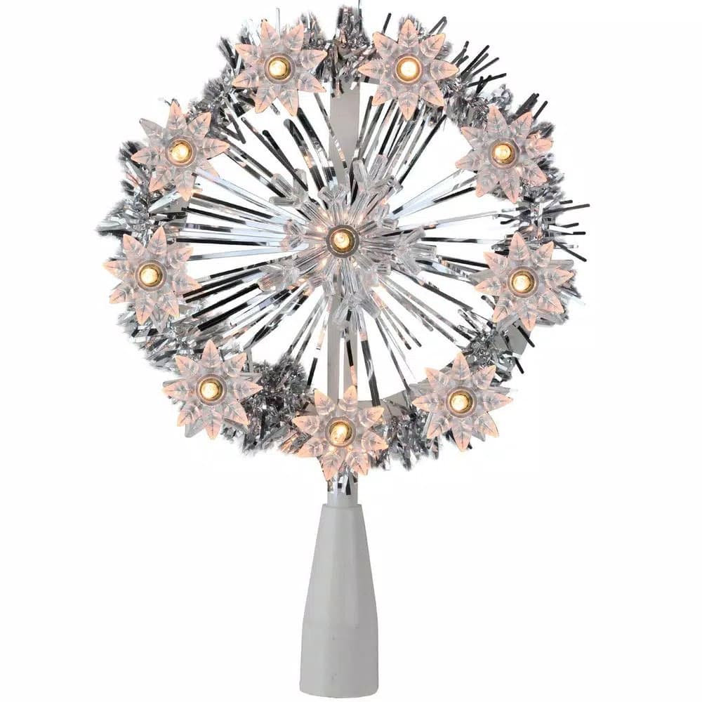 Northlight 7 in. Silver Tinsel Snowflake Starburst Christmas Tree Topper with Clear Mini Lights