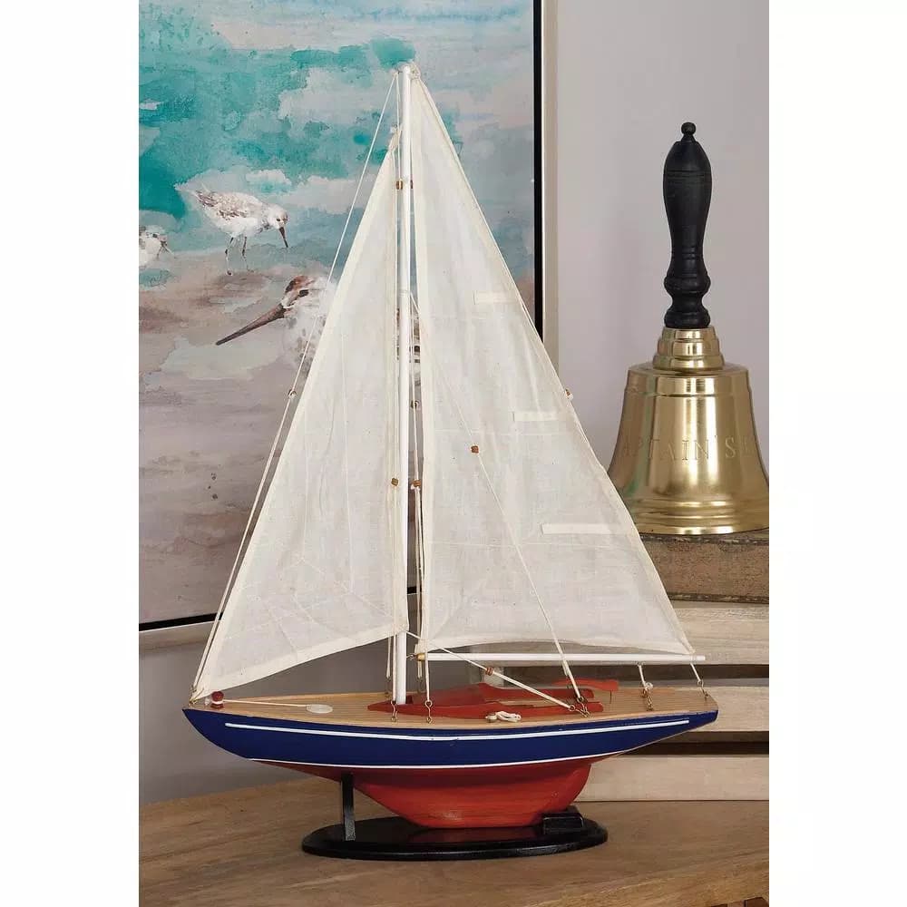 LITTON LANE 26 Inch Rustic Wooden Sailing Ship Model - Coastal Birch Wood Sculpture with Fabric Sails