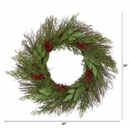 Nearly Natural 20in. Artificial Cedar and Ruscus Wreath with Red Berries thumbnail 2
