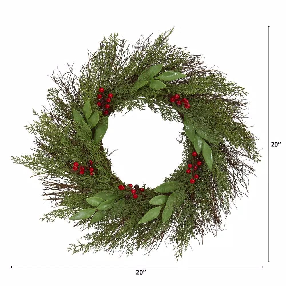 Nearly Natural 20in. Artificial Cedar and Ruscus Wreath with Red Berries