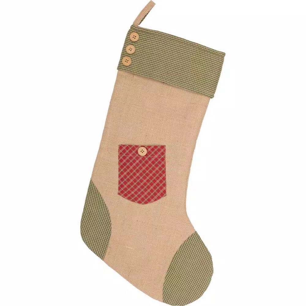 VHC Brands 20 in. Red Plaid and Jute Burlap Primitive Christmas Pocket Stocking