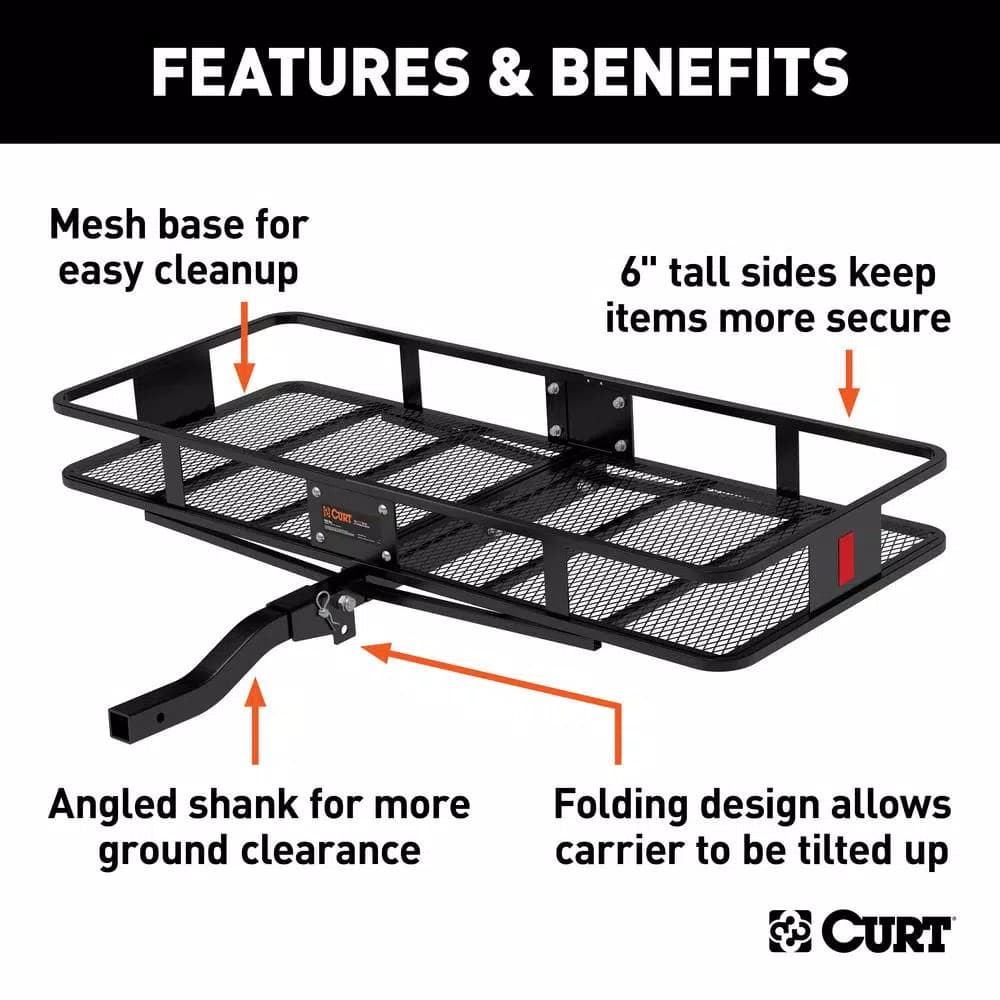 CURT 60" x 24" Black Steel Basket Cargo Carrier with 2" Folding Shank, 500 lbs. Capacity