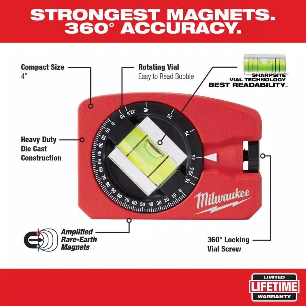 Milwaukee 4 in. Pocket Level with 360° Adjustable Vial and Amplified Rare Earth Magnets