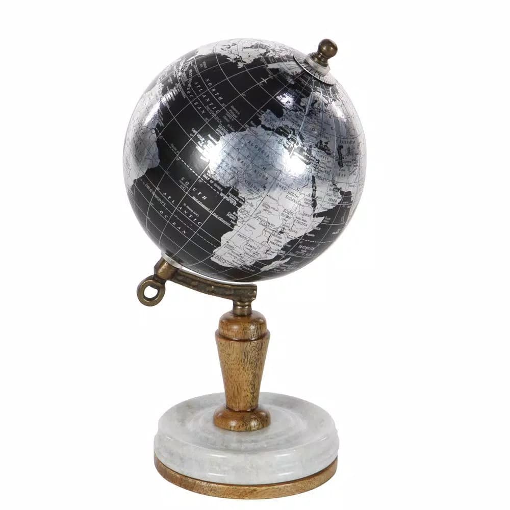 LITTON LANE Modern Reflections 10 in. Decorative Black and Silver Globe with Marble and Mango Wood Base