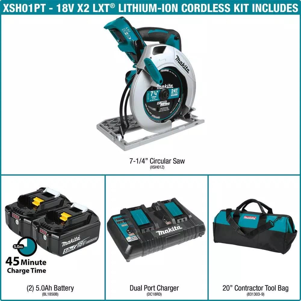 Makita 36V X2 LXT Cordless 7-1/4 in. Circular Saw Kit with (2) 5.0Ah 18V Batteries and Charger