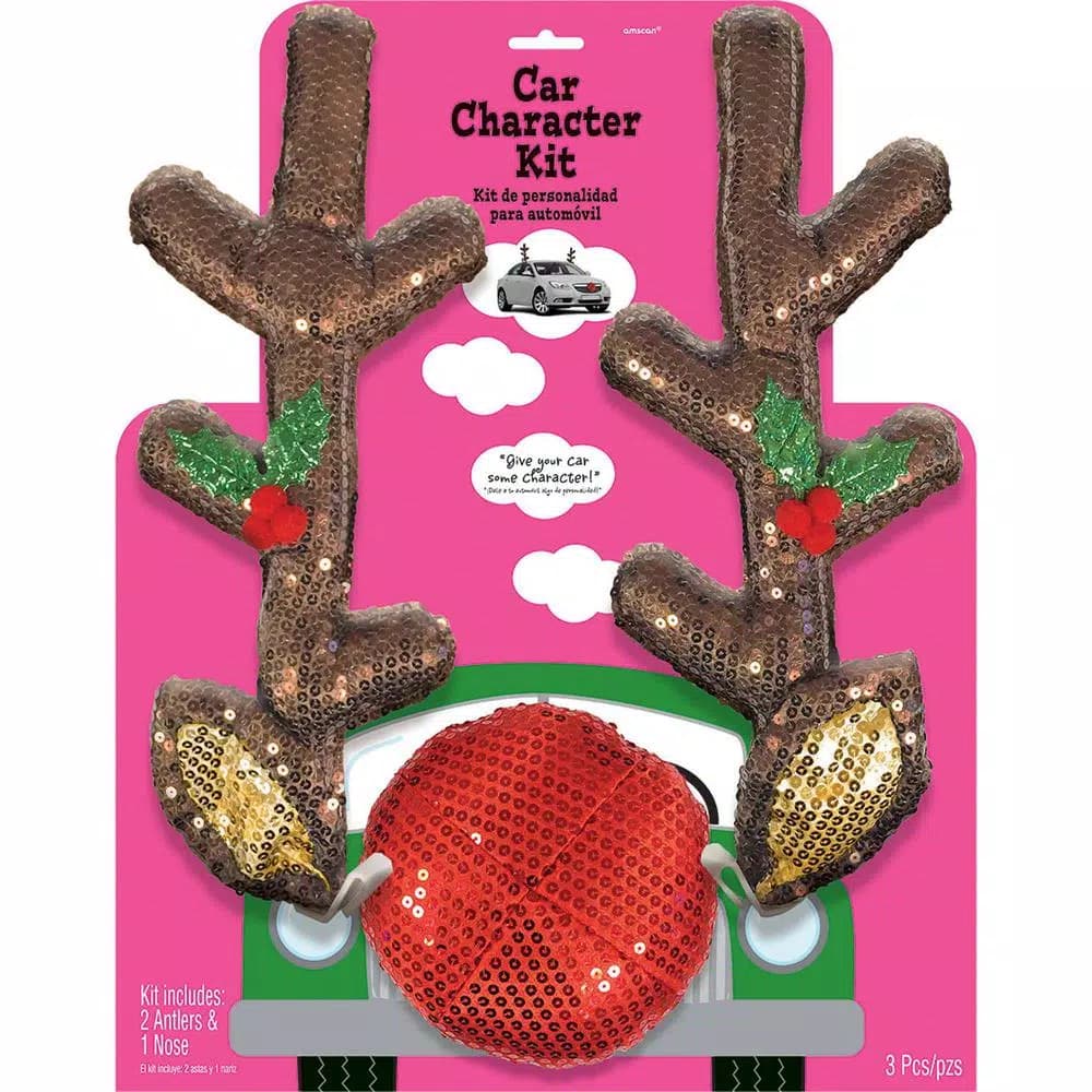 Amscan 16 in. Christmas Glitzy Reindeer Car Decorating Kit with Sequined Antlers and Nose