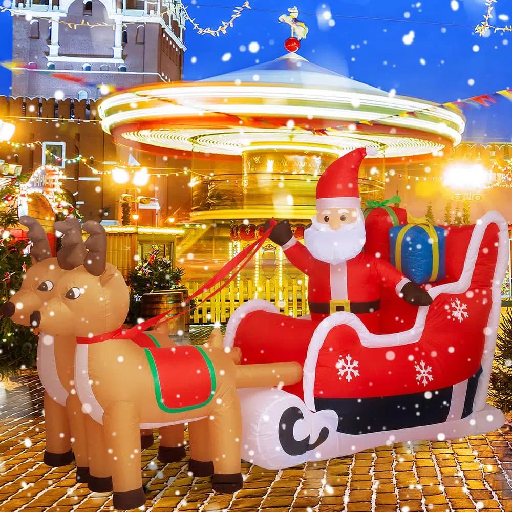 JOYDECOR 5 ft. Santa Claus on Sleigh with 2 Reindeer Christmas Inflatable Outdoor Decoration with LED Lights