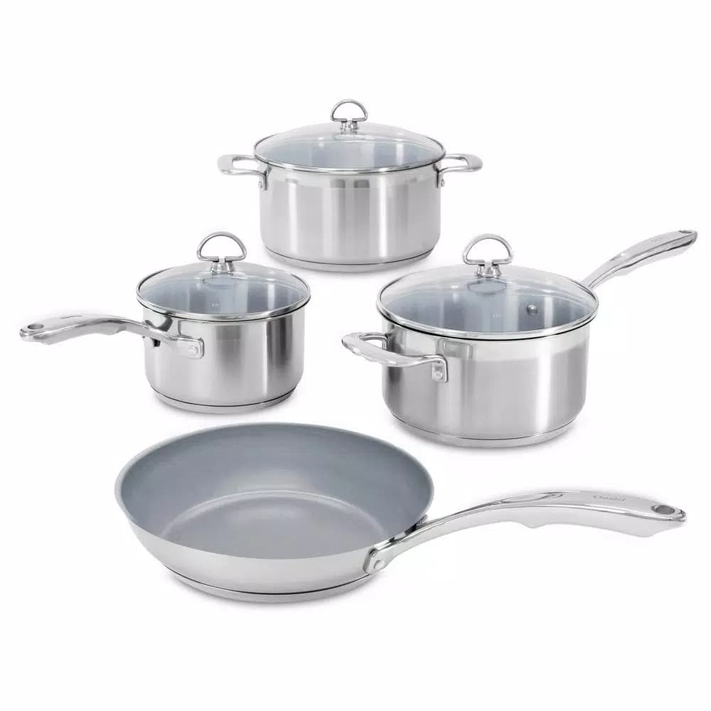 Chantal Induction 21 Steel 7-Piece Ceramic Nonstick Stainless Steel Cookware Set, Brushed Stainless Steel