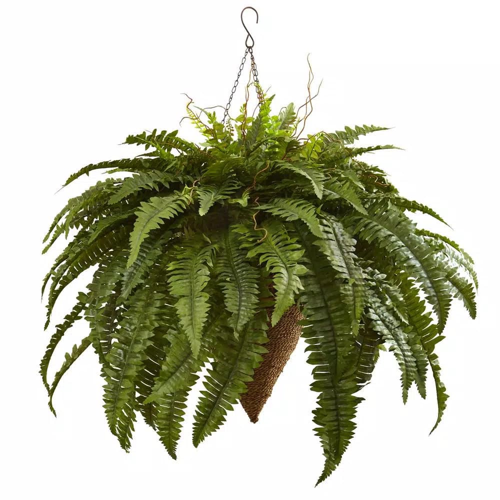 Nearly Natural Giant Silk Boston Fern with Tightly Woven Cone Hanging Basket
