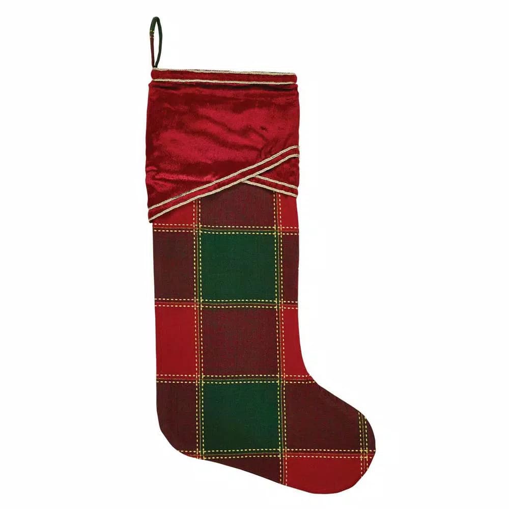VHC Brands Tristan 20 in. Traditional Christmas Stocking - Cherry Red & Shamrock Green Plaid