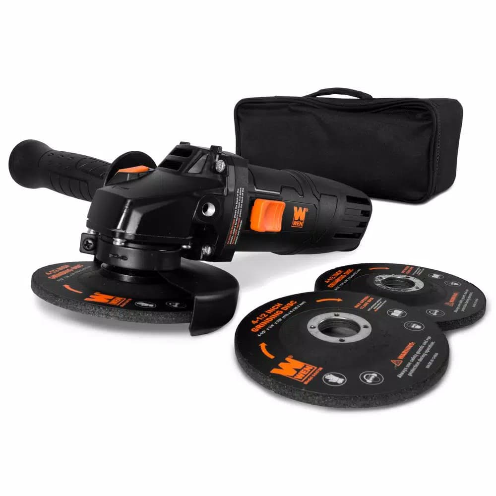 WEN 4.5 in. 7.5 Amp Corded Angle Grinder with Reversible Handle, 3 Discs, and Carrying Case