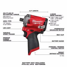 Milwaukee M12 FUEL 12V Brushless Cordless 1/2 in. Stubby Impact Wrench with Pin Detent (Tool-Only) thumbnail 3