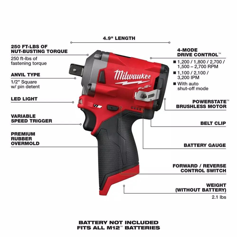 Milwaukee M12 FUEL 12V Brushless Cordless 1/2 in. Stubby Impact Wrench with Pin Detent (Tool-Only)