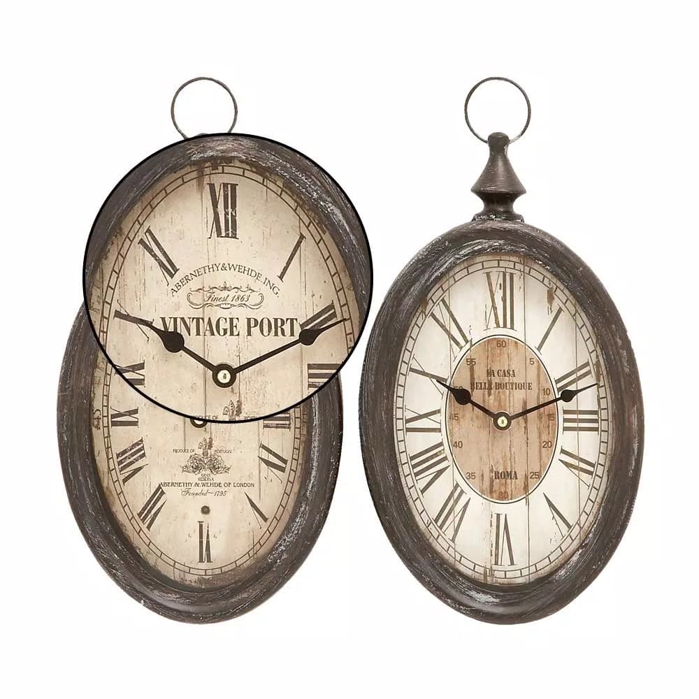 LITTON LANE 2-Pack Antique Reproduction Style Oval Wall Clocks, 15 x 8 in., Rustic Farmhouse Decor