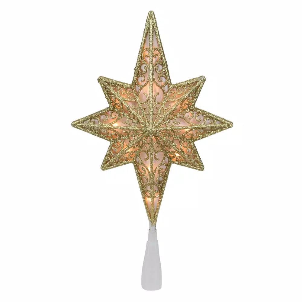 Northlight 10 in. Frosted Star of Bethlehem Christmas Tree Topper with Gold Scrolling and Clear Mini Lights