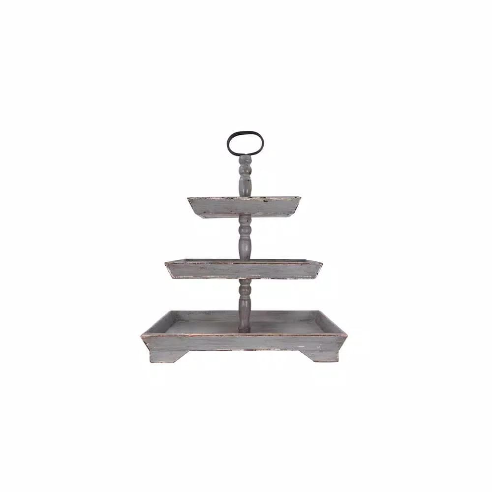 3R Studios Bungalow Lane Grey 3-Tier Decorative Tray with Distressed Wood & Metal Construction