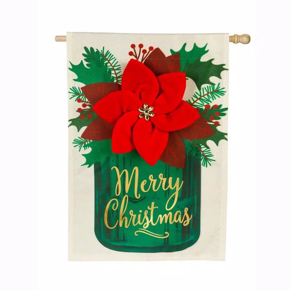 Evergreen 28 in. x 44 in. Poinsettia Mason Jar House Linen Flag - Double-Sided Christmas Holiday Decor