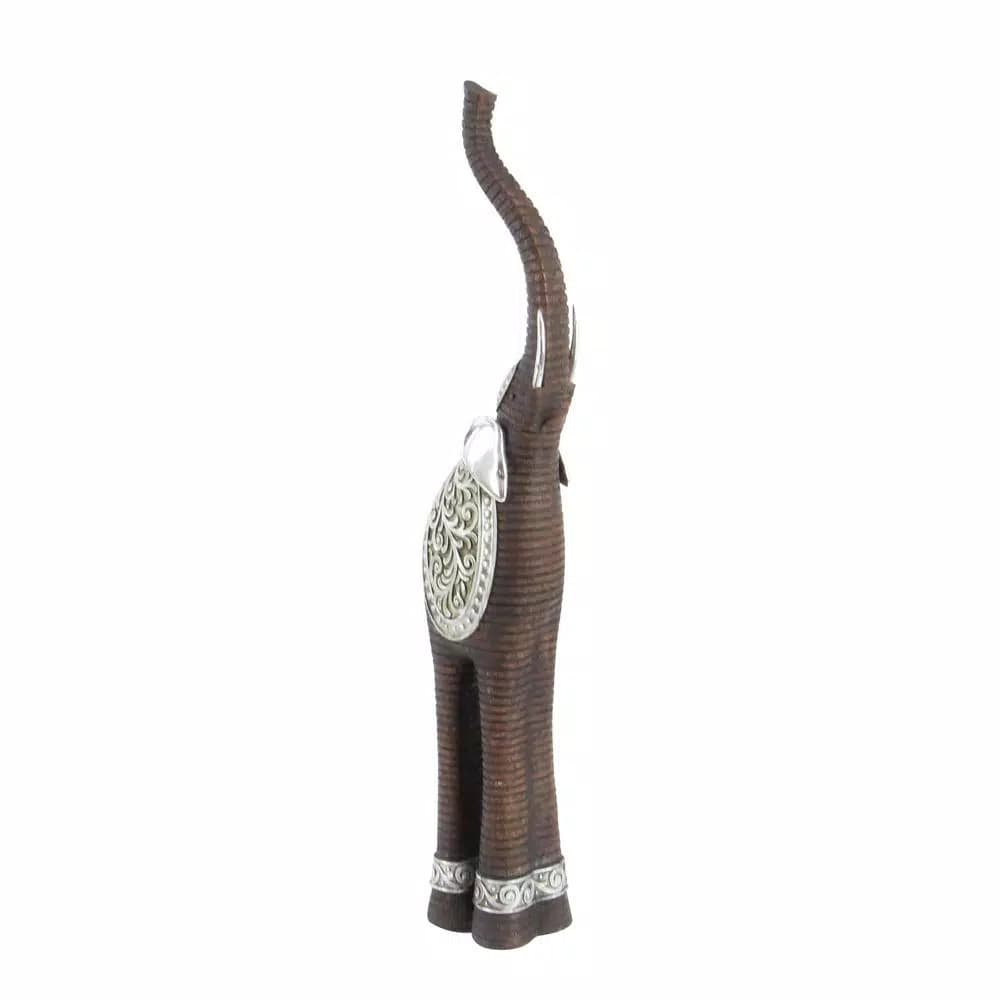 LITTON LANE 38 in. Elephant Decorative Sculpture with Raised Trunk - Brown and Silver Polystone Statuary