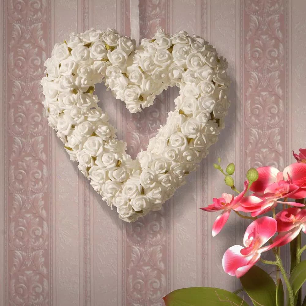 National Tree Company 9.5 in. White Rose Heart Wreath - Handcrafted Fabric Flower Decoration
