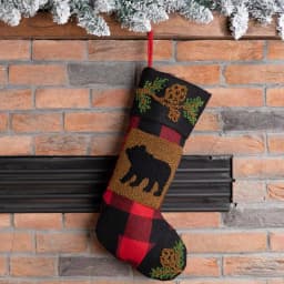 Glitzhome 19 in. Plaid Christmas Stocking with Handmade Rug Hooked Bear and Embroidery thumbnail 4