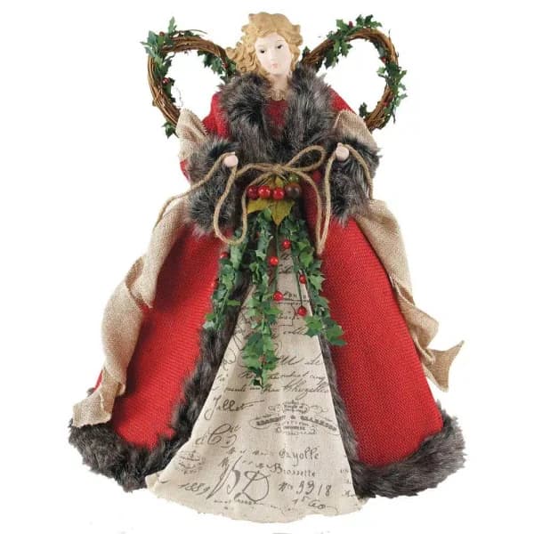 Santa's Workshop 16 in. Angel Tree Topper Red Homespun with Garland and Burlap