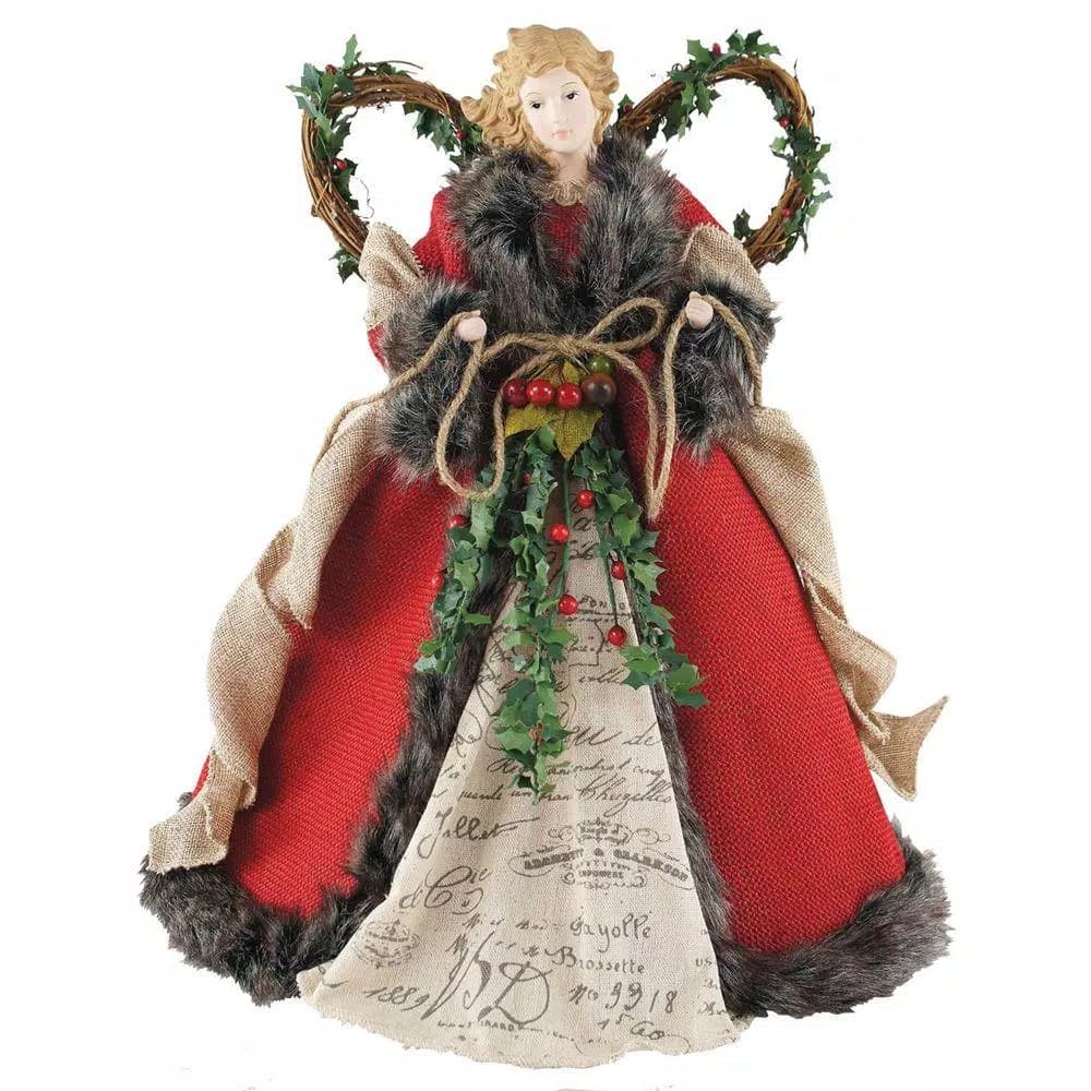 Santa's Workshop 16 in. Angel Tree Topper Red Homespun with Garland and Burlap