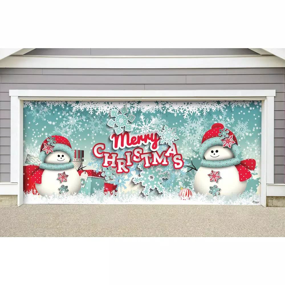 My Door Decor 7 ft. x 16 ft. Snowman Merry Christmas Garage Door Banner, Outdoor Vinyl Holiday Decor