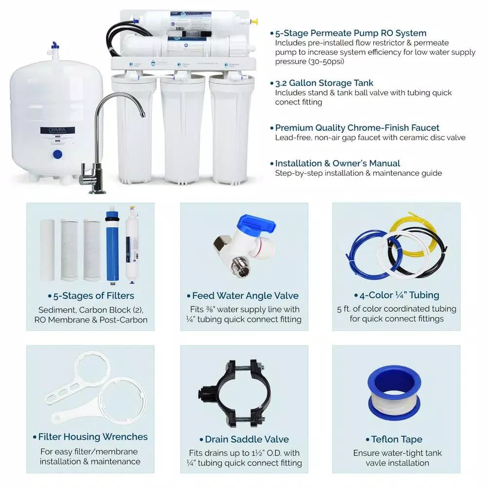 Olympia Water Systems Permeate Pump Under-Sink Reverse Osmosis Water Filtration System, 50 GPD