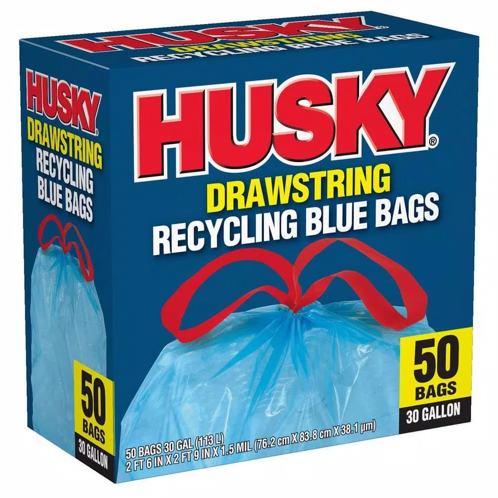HUSKY 30 Gallon Blue Recycling Bags with Drawstring, 50-Count