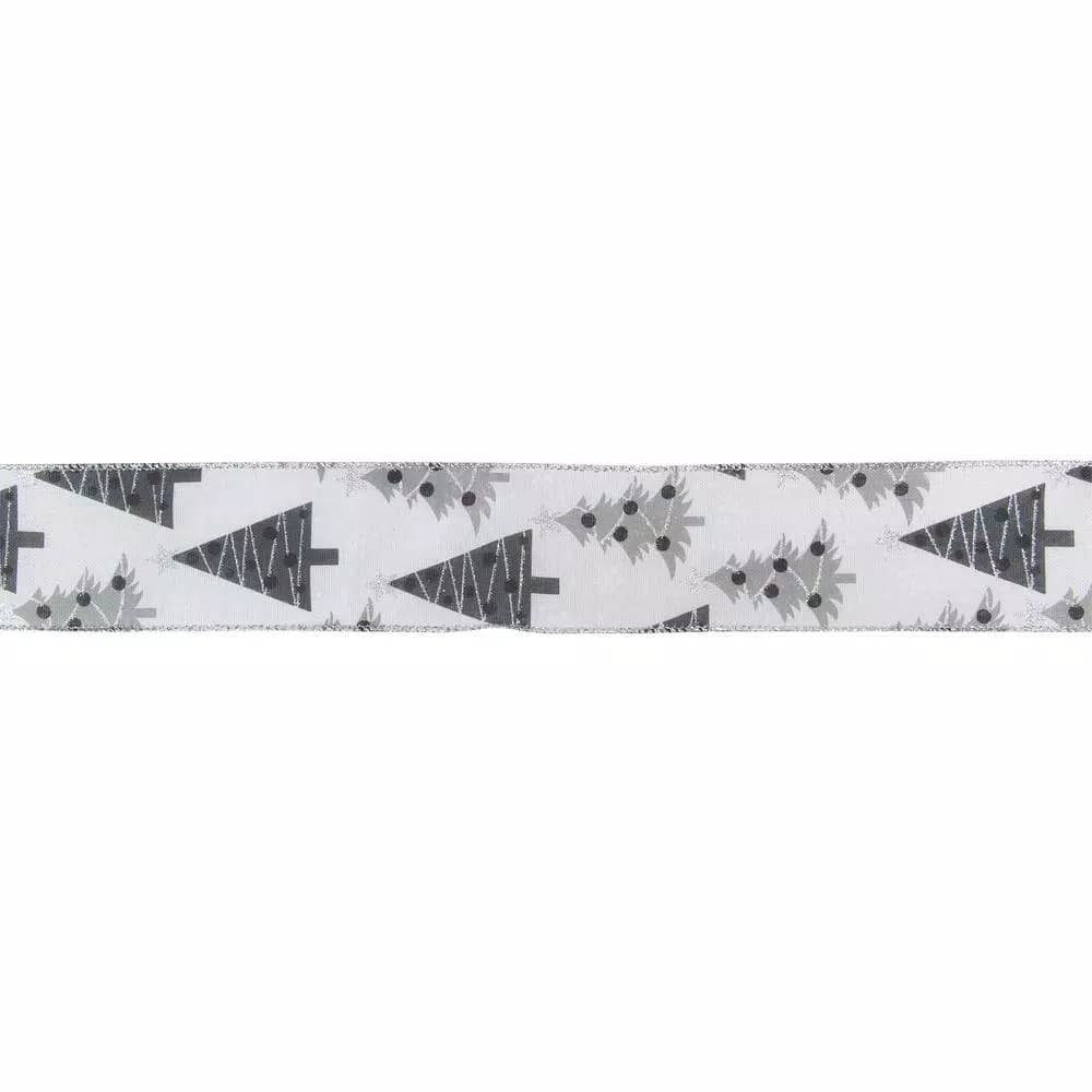 Northlight White Silver and Black Tree Wired Craft Ribbon, 2.5 in. x 16 yds.
