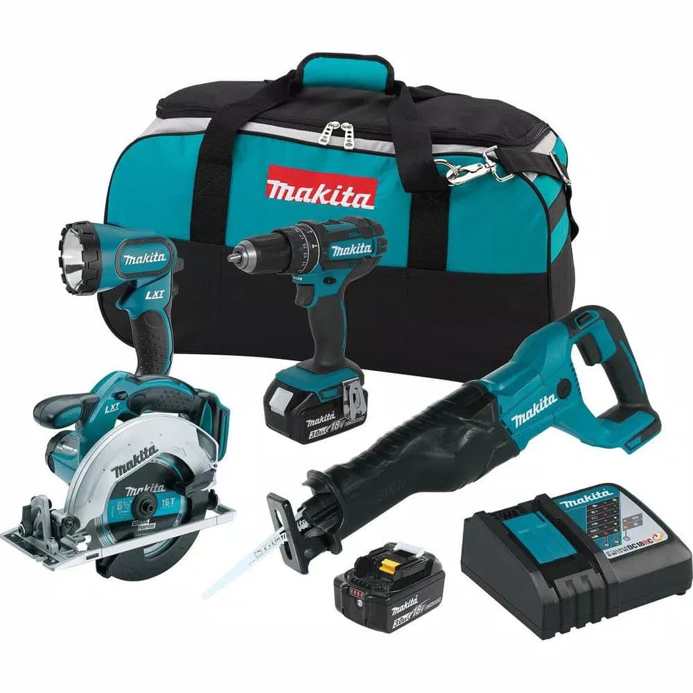 Makita 18V LXT Lithium-Ion Cordless 4-Piece Combo Kit (XT442) - Hammer Drill, Circular Saw, Reciprocating Saw & Flashlight