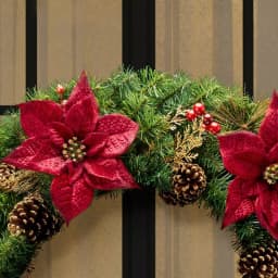 Home Accents Holiday 36 in. Burgundy Poinsettia and Mixed Pine Wreath with Berries, Gold Glitter Cedar and Pinecones thumbnail 4
