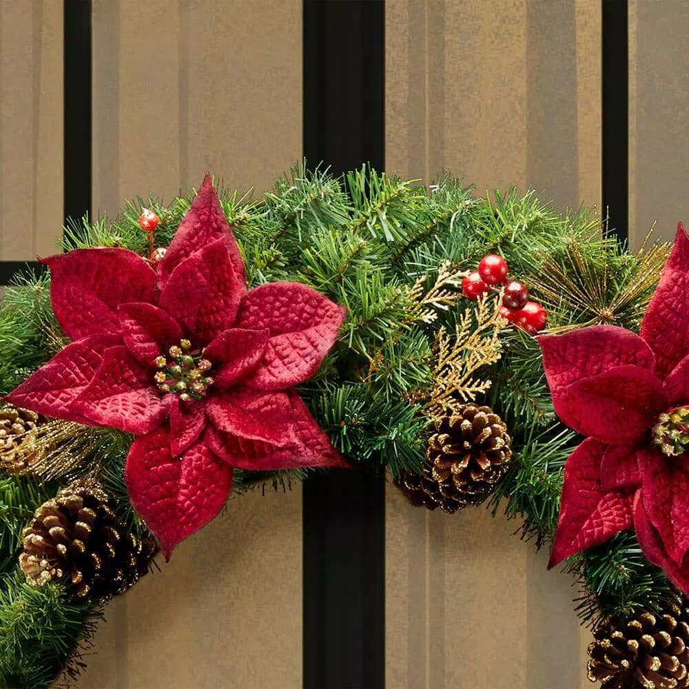 Home Accents Holiday 36 in. Burgundy Poinsettia and Mixed Pine Wreath with Berries, Gold Glitter Cedar and Pinecones