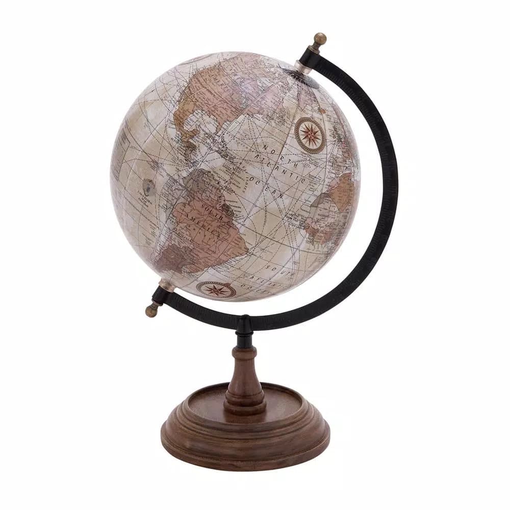 LITTON LANE Nautical Decorative Sepia Globe with Mango Wood Base and Iron Meridian
