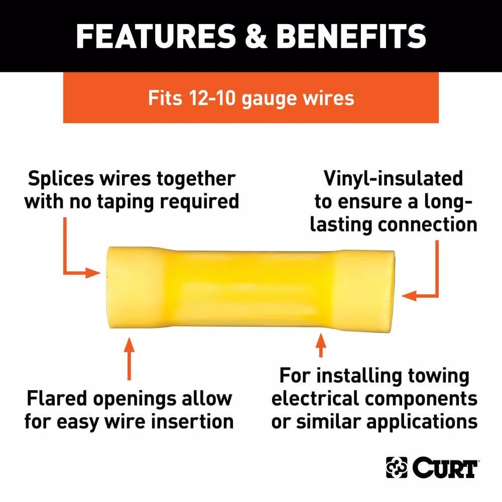 CURT Butt Connectors, 12-10 Gauge Wire, Yellow, 100-Pack