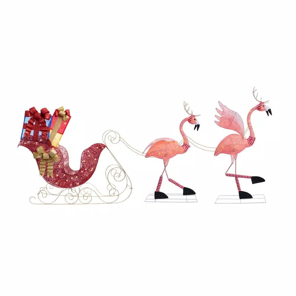 Haute Decor 44 in. Pre-Lit LED Christmas Flamingo with Sleigh Outdoor Yard Decoration