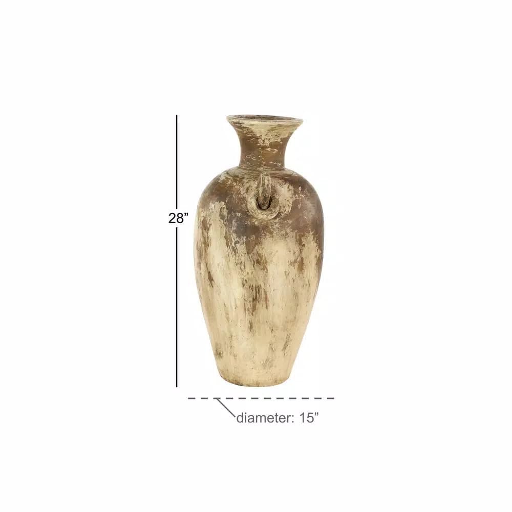 LITTON LANE 28" Distressed Beige and Brown Ceramic Amphora Floor Vase - Farmhouse Style