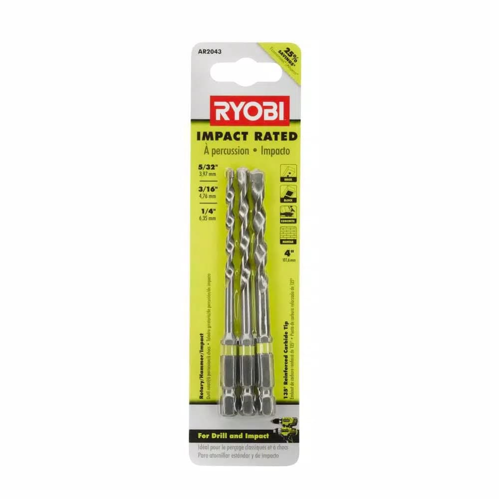 RYOBI 3-Piece Impact Rated Masonry Drill Bit Set, 1/4 in. Hex Shank