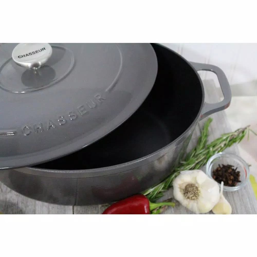 Chasseur 6 qt. Oval Enameled Cast Iron Dutch Oven with Lid, Caviar Grey