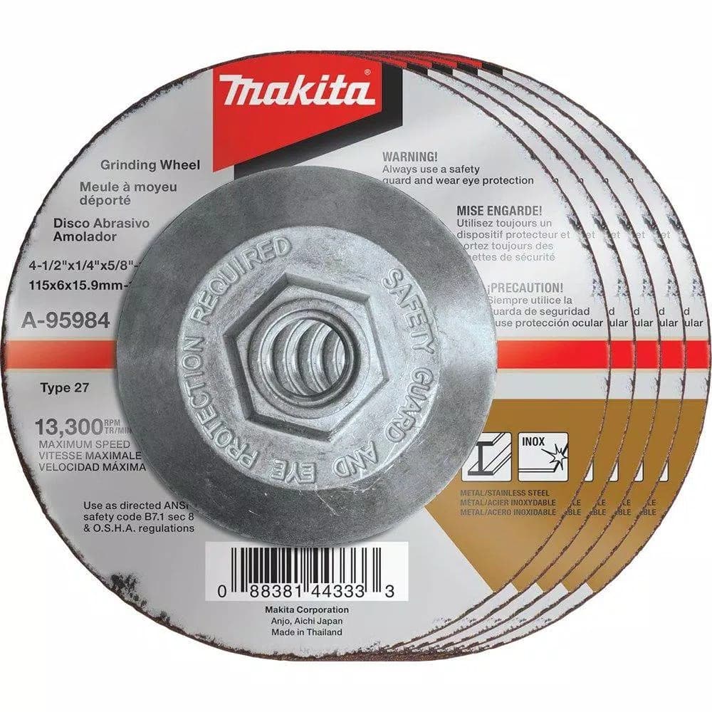 Makita 4-1/2 in. 36-Grit INOX Grinding Wheels, 1/4 in. x 5/8 in. Arbor (5-Pack)